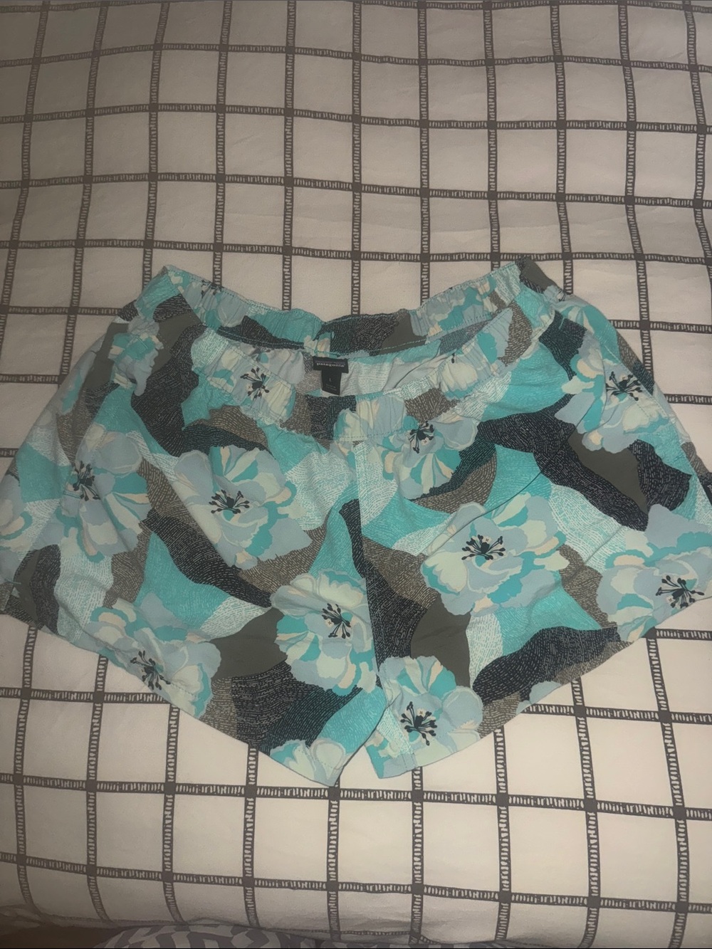 Patagonia Teal Floral Athletic Shorts with Gray Accents